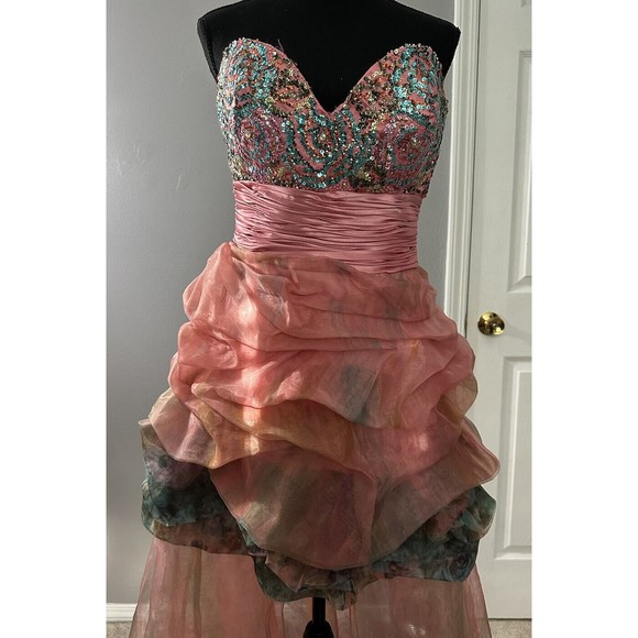 Jovani Multicolor Floral Hi Low Sequin Bodice Embellished Ruffled Prom Dress 12 - Picture 2 of 9